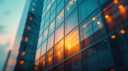a modern department store at dawn, its glass exterior catching the first light, symbolizing a new era of retail.