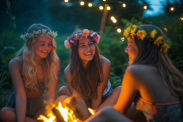 a garden party with fairy lights, flower crowns, and a bonfire. Teenage girls are enjoying a summer night, sharing laughter, and creating unforgettable memories