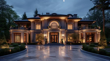 Fotobehang A luxurious detached house with a grand entrance and a circular driveway, illuminated by elegant outdoor lighting at dusk © IBRAHEEM'S AI