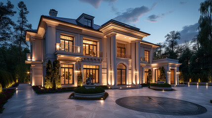 A luxurious detached house with a grand entrance and a circular driveway, illuminated by elegant outdoor lighting at dusk