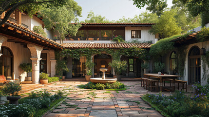 A Mediterranean-style detached house with stucco walls, terracotta roof tiles, and an outdoor courtyard with a fountain - Powered by Adobe