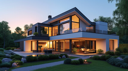 A modern detached house at sunset, with warm lighting highlighting its sleek architecture and landscaped garden