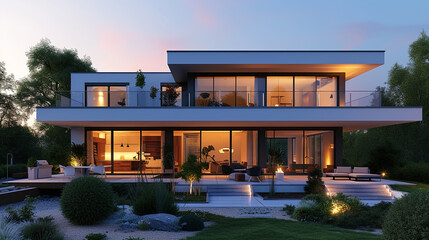 A modern detached house at sunset, with warm lighting highlighting its sleek architecture and landscaped garden