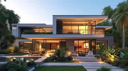 Fotobehang A modern detached house at sunset, with warm lighting highlighting its sleek architecture and landscaped garden © IBRAHEEM'S AI