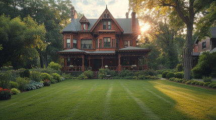 A Victorian-style detached house during the golden hour, with intricate woodwork and a lush, manicured front lawn - obrazy, fototapety, plakaty