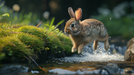 A rabbit leaping gracefully over a small stream with crystal clear water in a forest