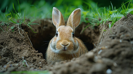 Naklejka na ściany i meble A rabbit peeking curiously out of a hole in the ground, with its ears perked up