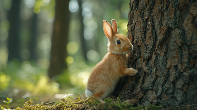 Two rabbits playfully chasing each other around a tree trunk in a forest clearing