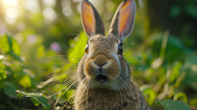 A close-up of a rabbit's face, highlighting its whiskers and big eyes, with morning dew in the background