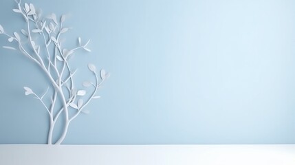 winter greeting card with a white tree and a blue wall.