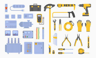 Electrician tools set. Vector illustrations of equipment for electric power control and repair. Cartoon multimeter and voltmeter, cables, wires isolated on white. Hardware, maintenance service concept