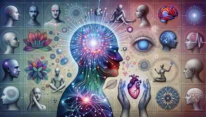 Biometric Emotions: 3D model of human head with glowing biometric data lines and surrounding 2D illustrations of emotional figures.