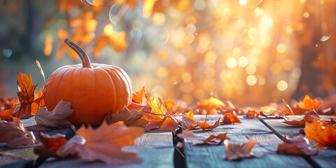 Thanksgiving background. Pumpkin and dry leaves