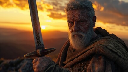 
"Sacred Sunset Vigil: Elderly Celtic Warrior Grasping a Sword, Full Body Showcase with a 135mm f1.8 Lens, Ultra-Detailed and Photorealistic in Cinematic 8K Splendor."



