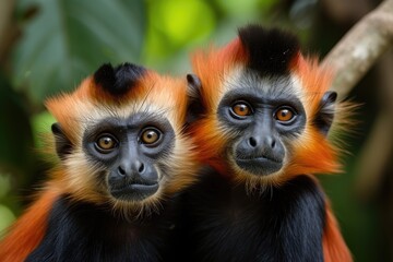 Fototapeta premium Two red colobuses (Procolobus badius kirkii) sitting.