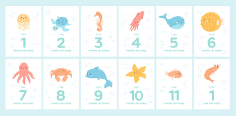 Baby milestone cards with cute under the sea animals and numbers. Water bubbles and waves doodles. Kids month anniversary prints for newborn girl, boy. Cartoon vector illustrations set. Ocean baby.