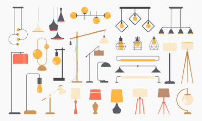 Lamp for room lighting. Vector icon set of colorful pendant chandelier, table and floor lamp, chandeliers, bulbs, illuminator. Elements for modern home interior in flat cartoon style.Furniture icons