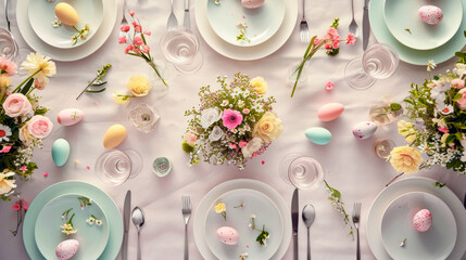 Minimal festive Easter table arrangement with pastel colored eggs and floral centerpiece for spring celebration