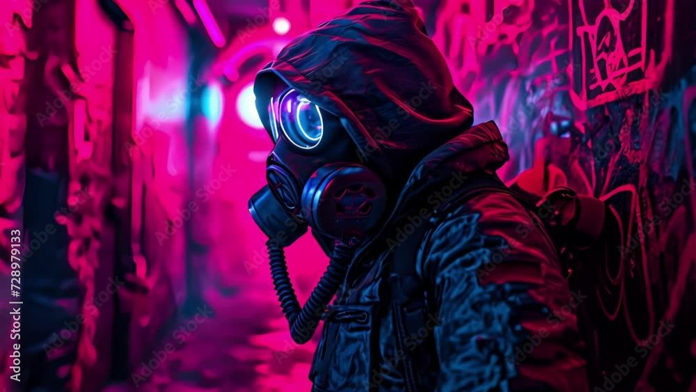 Poster A mysterious figure adorned with a neon gas mask and surrounded by graffiti tags creating a sense of both danger and art.