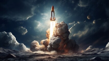 spaceship flying above the clouds, rocket launch on sky background
