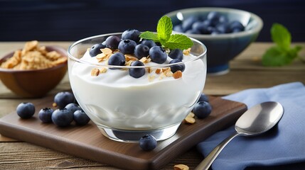 A bowl of yogurt with blueberries and granola on a wooden background