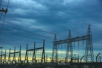 High voltage pole electric wiring distribution landscape energy engineering. Electricity energetic...