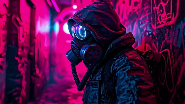 A mysterious figure adorned with a neon gas mask and surrounded by graffiti tags creating a sense of both danger and art.
