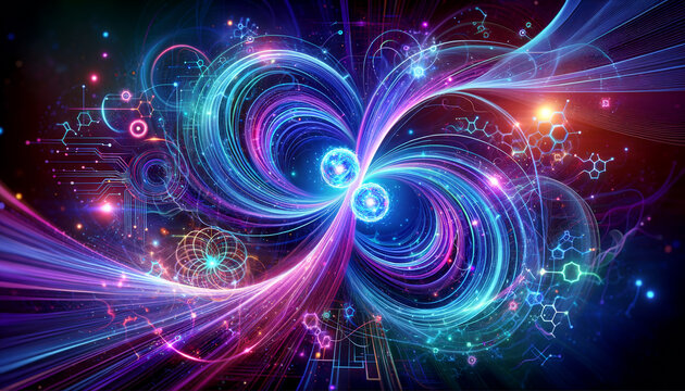 Quantum entanglement in Pop Futurism style: Vibrant orbs connected by ethereal ribbon.