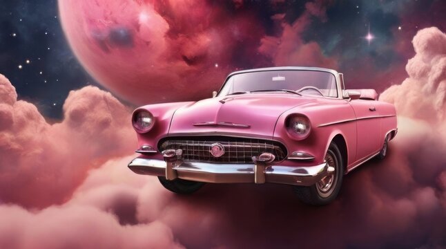 Fototapeta vintage car on the space over cloud and nebula, background wallpaper background.