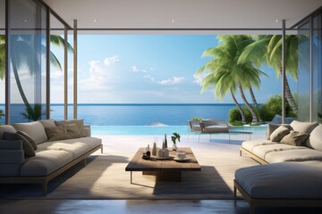 Fototapeta na wymiar Beach-view from the living room of a beautiful and luxurious resort or villa