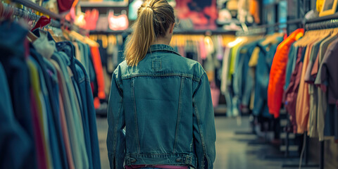 Fototapeta premium Woman shopping denim pants in clothing store