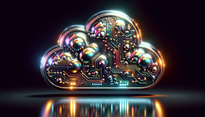 Abstract metallic cloud database with iridescent colors and digital-inspired motifs.