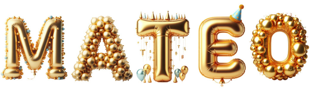Mateo Letters - Golden Balloon, 3D - Isolated on Transparent or White Background PNG - Best for Birthday Illustration Design