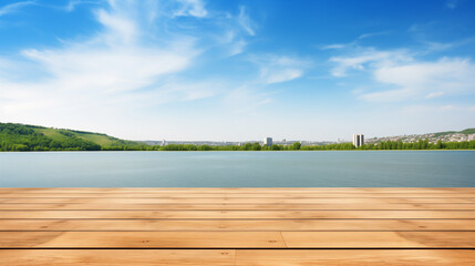 Fototapeta premium The empty wooden table top with a blurred background of the Danube river