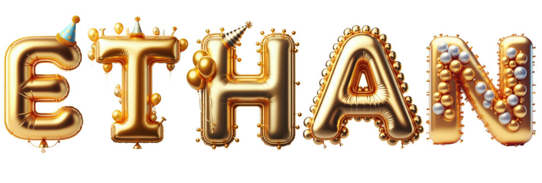 Ethan Letters - Golden Balloon, 3D - Isolated on Transparent or White Background PNG - Best for Birthday Illustration Design