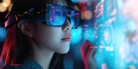 Obraz na płótnie Canvas Young woman wearing eyeglasses a futuristic digital