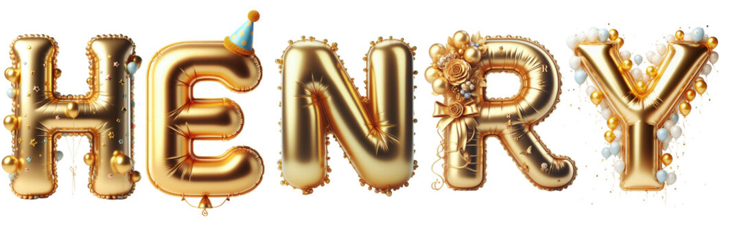 Henry Letters - Golden Balloon, 3D - Isolated on Transparent or White Background PNG - Best for Birthday Illustration Design