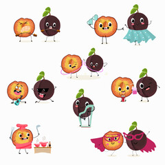 Cute cartoon cherry plum character set, collection. Flat vector illustration. Activities, playing musical instruments, sports, funny fruits.