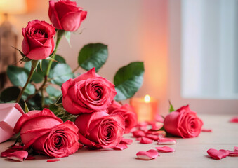 Bedroom with Rose and Petals on Bed, Copy Space .Valentine's Day