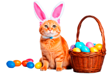 Easter red cat with rabbit ears and basket with colorful eggs. Holiday banner 