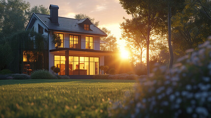 An elegant two-story house with large windows, casting warm light from the inside as the sun sets...