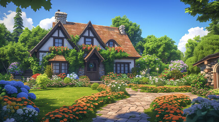 A charming detached house surrounded by a well-maintained garden, with vibrant flowers in full bloom and a clear blue sky above.