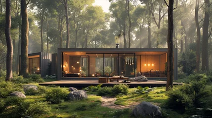Foto op Plexiglas A shot of a modular house surrounded by tall trees, blending seamlessly with its natural environment. © IBRAHEEM'S AI