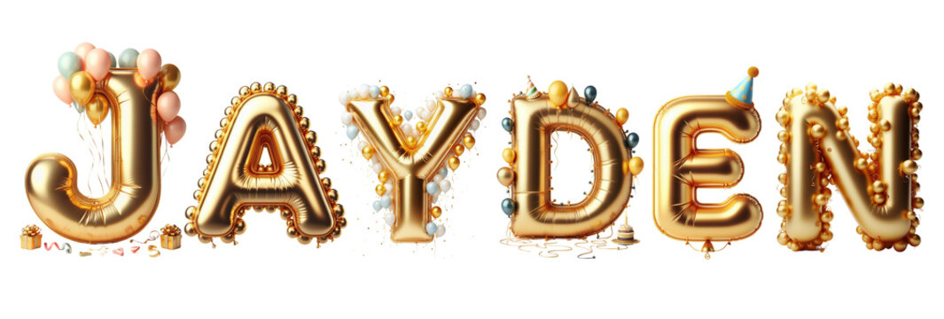 Jayden Letters - Golden Balloon, 3D - Isolated on Transparent or White Background PNG - Best for Birthday Illustration Design