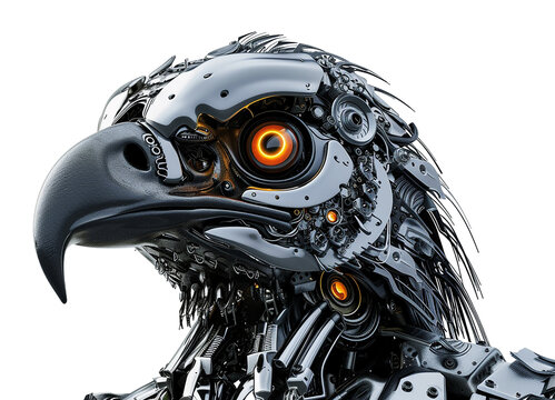 Cyber eagle with detailed technology on all parts of its body and with a transparent or white background, Generative AI. Cyborg Lion. Lion robot. Futuristic predator. Png