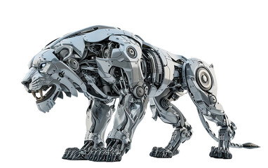 Cyber tiger with detailed technology on all parts of its body and with a transparent or white background, Generative AI. Cyborg Lion. Lion robot. Futuristic predator. png