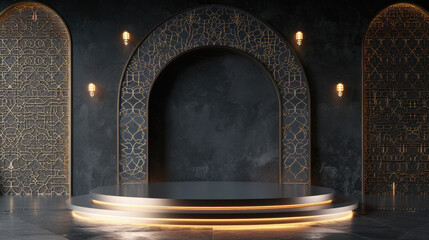 empty black round stage podium for Ramadan Kareem background  with a gold arch Islamic pattern ,crescent moon, golden lanterns and floor suitable for luxury event venues, elegant premium product