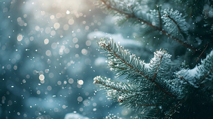A gentle snowfall in a quiet evergreen forest, creating a peaceful winter scene with a soft layer...