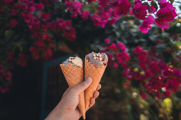 hand holding ice cream with flower background