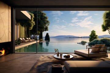A luxurious lake-side apartment with a beautiful view from the living room - obrazy, fototapety, plakaty